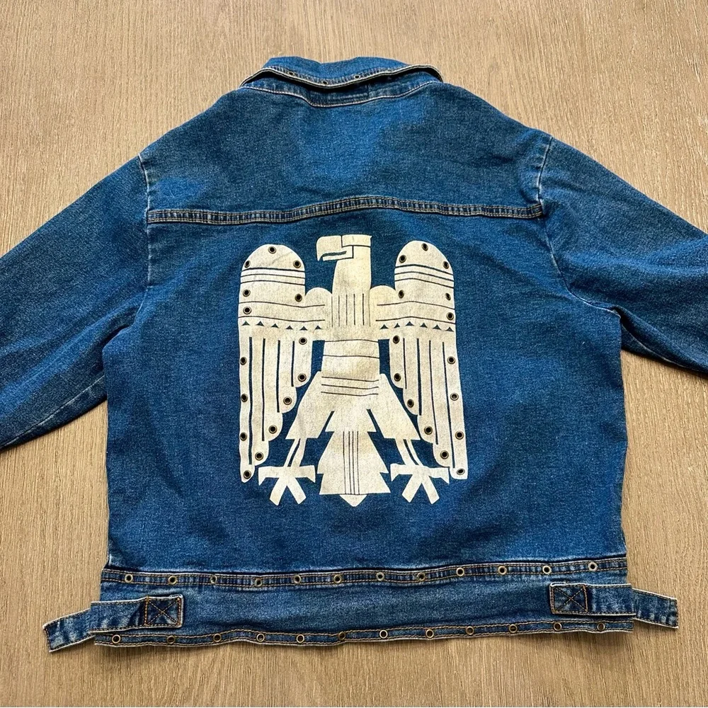 Wayne Rogers Denim Jacket Medium Eagle Back Grommet Toggle Moto Western Y2K - Picture 4 of 7